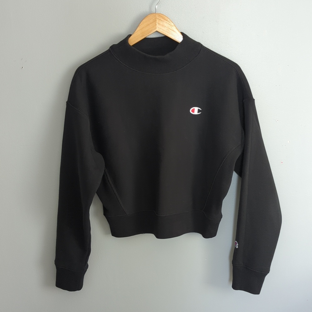 Vintage Champion Reverse Weave Black Mock Neck Cropped Crew Sweatshirt Sz MEDIUM